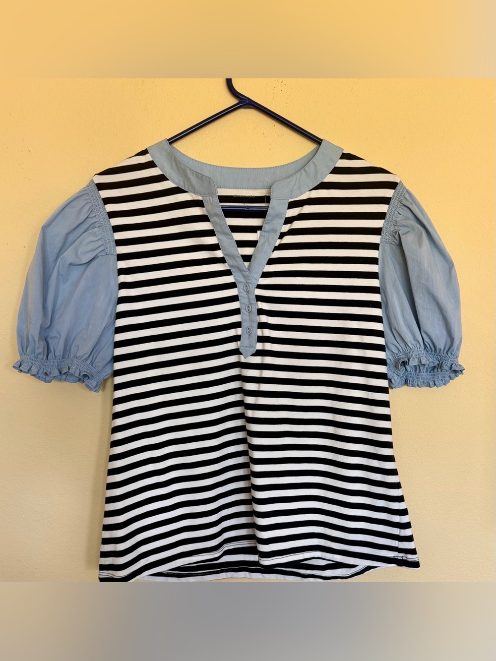 41 Hawthorn Mixed Media Striped Puff Sleeve Henley Top,